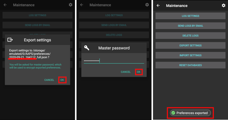 AndroidAPS eksportavimo nustatymai 2