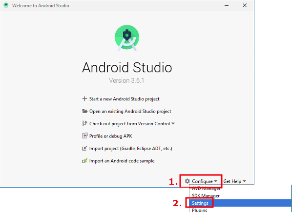 Valores de Android Studio desde la pantalla de bienvenida