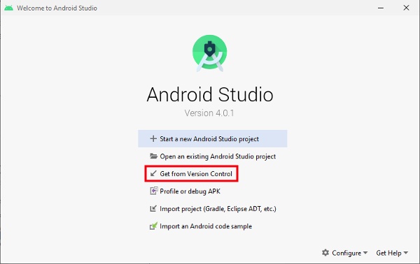 Check out project from version control from welcome screen
