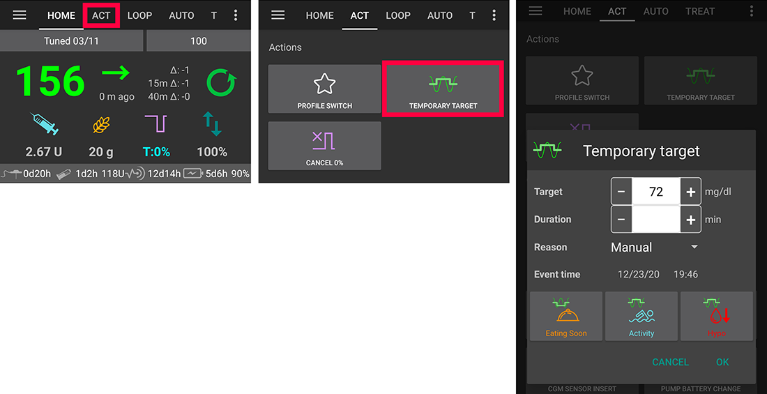 Set temp target through Action tab