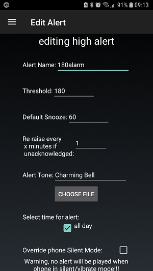 xDrip+ alert settings