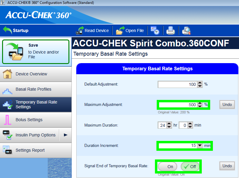 Pantalla de los ajustes de basal temporal