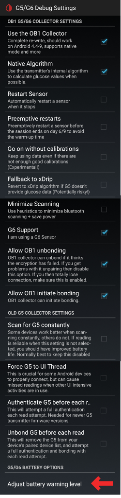 xDrip+ G5/G6 Debug Settings